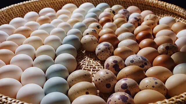 Assorted Fresh Farm Eggs in Wicker Basket with Hand Selecting Eggs