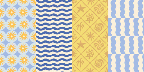 Fototapeta na wymiar Vector seamless patterns set in hand drawn doodle sketchy style with ocean waves, stripes and checks, abstract backgrounds for posters, summer sea side vacations holiday prints