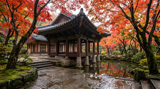 서울 성북동 길상사의 고즈넉한 사찰 건물들과 화려한 붉은 단풍나무가 어우러져 마음의 평화를 주는 가을 오후의 명상적인 정원 풍경