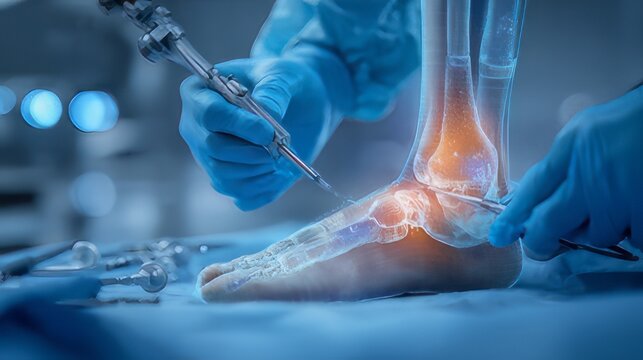 Medical professional performing an ankle arthroscopy. Invasive surgical procedure uses a small camera, called an arthroscope, inserted into the joint to diagnose and treat conditions.