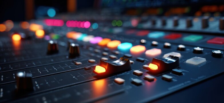 Close-up of a professional audio mixing console with illuminated faders and colorful lights.
