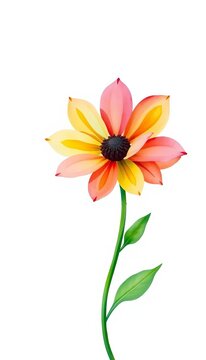 Whimsical watercolor flower on a crisp white background, with a sturdy log green stem, serene, whimsy