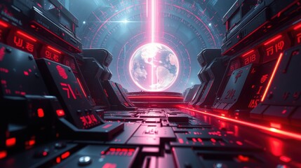Fototapeta premium Futuristic corridor glows with neon lights. Central sphere emits bright beam. Complex circuitry lines walls, creating immersive space.
