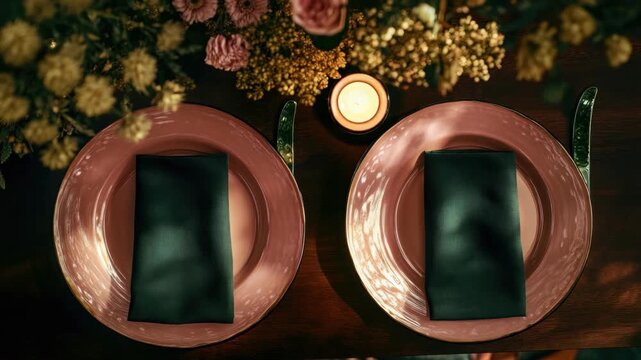 A beautifully set table with two pink plates and matching green napkins. Flowers and candles are placed in the background for a romantic touch.