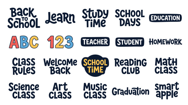 Back to school lettering clipart set with study time, class rules, math class, science class, reading club, homework and education word labels