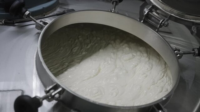 Cottage cheese processing in stainless steel tank at dairy factory