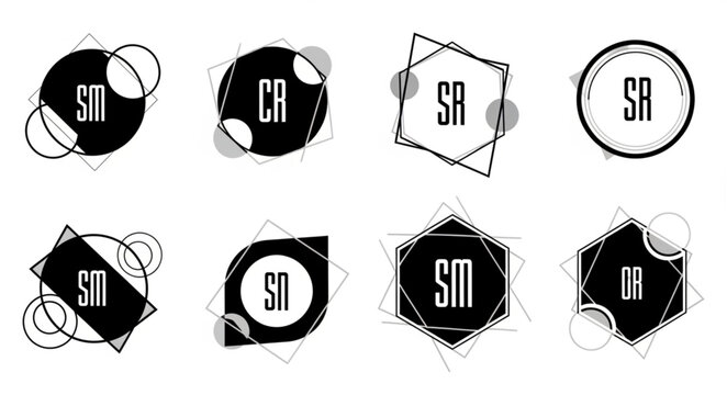 Set of eight abstract monogram logos with geometric shapes and circles.