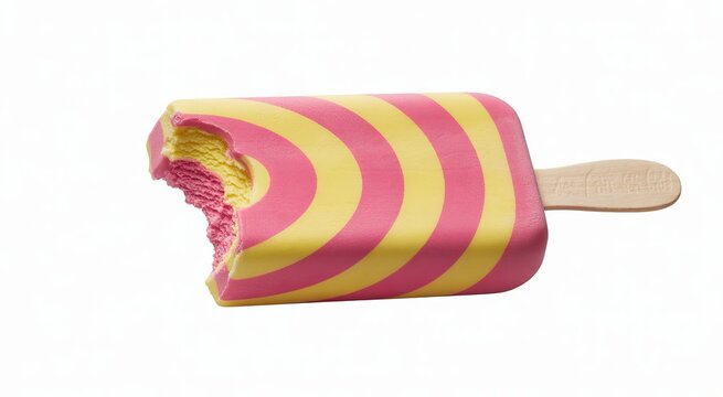 Ice cream bar with pink and yellow stripes and a bite mark