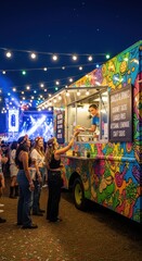 Obraz premium Vibrant Food Truck Serving Customers at Night Festival.