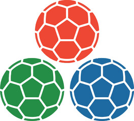 Naklejka premium Three colorful soccer balls arranged in a triangle shape with white hexagonal pattern on a clean background