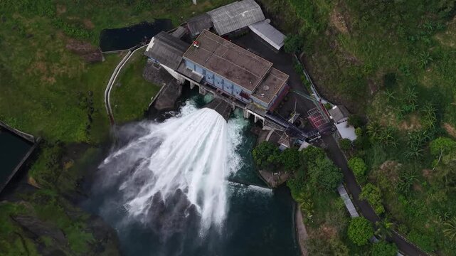 Aerial footage of the hydroelectric power plant at the Wadaslintang dam in Wonosobo, Indonesia.