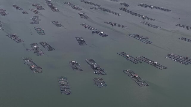 Aerial footage of fish cages or fish farming enclosures at the Wadaslintang dam in Wonosobo, Indonesia.