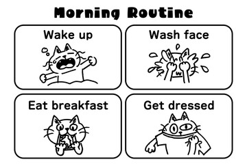 Fototapeta premium Coloring page of cat morning routine for children, educational line art illustration