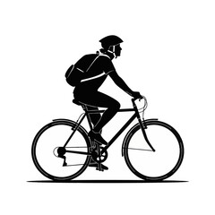 Obraz premium Black silhouette of a person riding a bicycle with a backpack and helmet. Commuter cycling on a white background. Side view profile of a cyclist on a road bike.