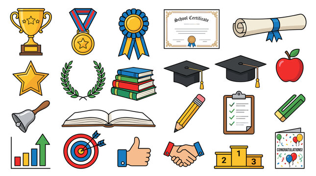 Colorful education clipart set with trophies, medals, ribbons, diploma, graduation caps, books, pencils, apple, charts and school achievement icons