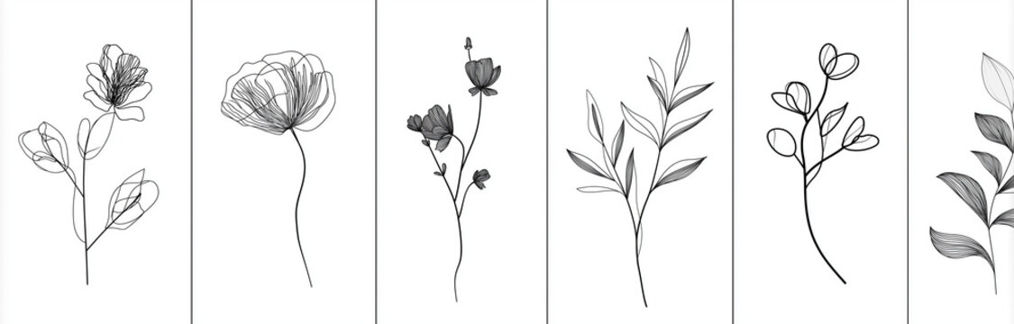 abstract botanical logo set, vector line drawing with simple shapes, floral elements, and geometric forms. monochromatic white background with a minimalistic design for branding in the style of minima