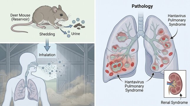 hantavirus disease symptoms Hantavirus Pulmonary Syndrome Transmission Diagram Showing Deer Mouse Reservoir and Human Lung Pathology Photo for Medical Education (EPS)
