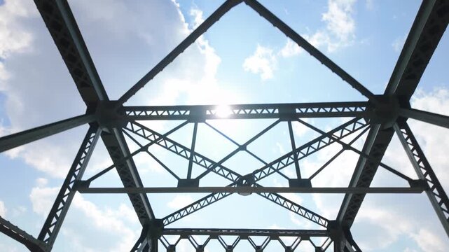 Gimbal close booming down shot of the steel girders on the lift bridge in Stillwater, Minnesota. 4K