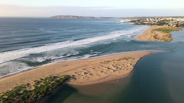 Drone view over Keurbooms lagoon river mouth toward Robberg nature reserve