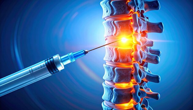 "Medical illustration of lumbar spine with syringe injecting fluid, vertebrae highlighted blue, glowing orange injection site, precise spinal therapy visualization."