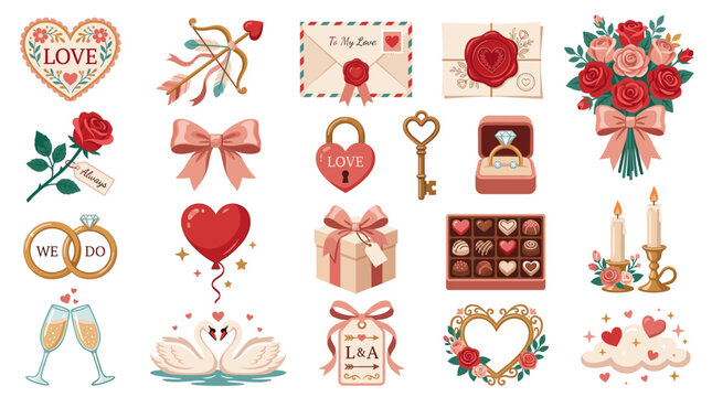 Romantic Valentine clipart set with roses, hearts, cupid, love letters, gifts, key, candles, champagne, chocolate box and floral decor elements