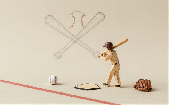 Wooden baseball player ready to swing with ball and glove nearby.