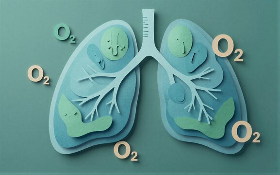 Paper-cut lungs surrounded by O2 molecules illustrating respiratory