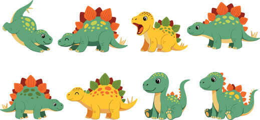 Cute Stegosaurus Dinosaur Vector Set with Playful, Angry, and Happy Expressions for Kids, Cartoon, and Prehistoric Illustrations © MdMojnu