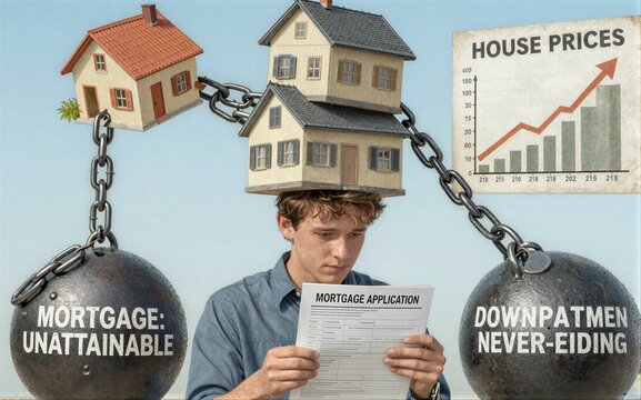 Young man burdened by chains and weights symbolizing unaffordable