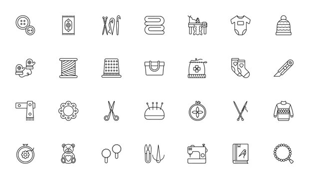 Knitting icon set. Sewing and craft vector icons pack. Includes buttons, yarn, knitting needles, sweater, blanket, scissors, thimble, embroidery, sewing machine, baby clothes and more. Editable stroke