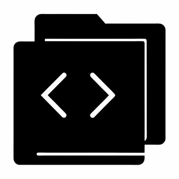 Coding folder icon, black solid vector of programming files and source code, software development and web engineering symbol for UI design