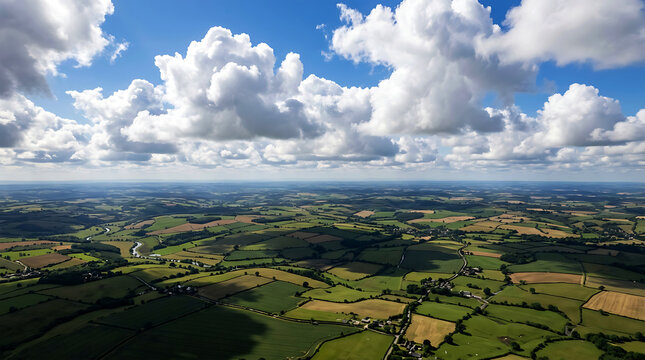 Aerial view of patchwork fields under cumulus clouds