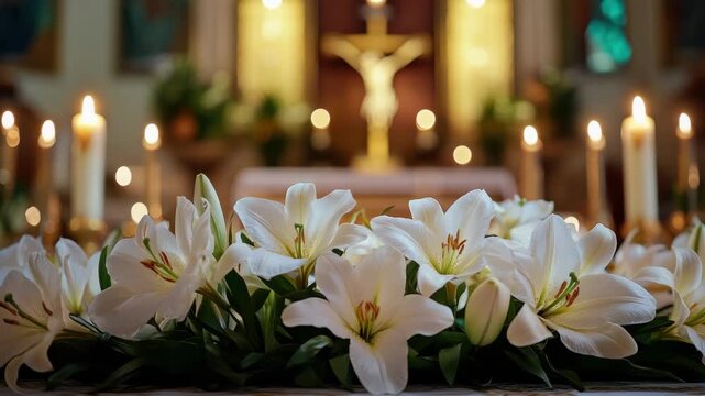 An altar adorned with lilies in a religious setting at nighttime