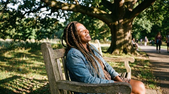 Black woman with boho braids laughing on park bench in natural light
