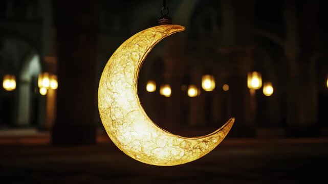 Glowing crescent hangs softly in dim, warm-lit hall. Framed by blurred lanterns, it pulses gently. Golden light radiates through delicate, textured surface. Cultural ambiance evokes serenity