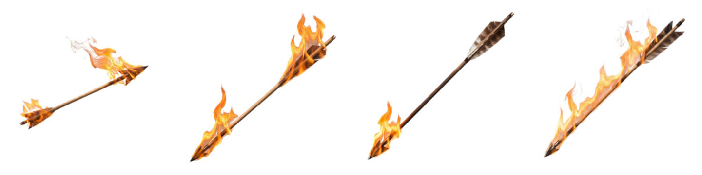 Four Flaming Archery Arrows Set Isolated on White Background - Realistic Medieval Fire Arrows with Burning Tips and Motion Effects for Fantasy War and Combat Design Assets.