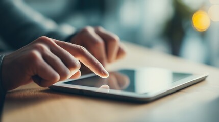 Fototapeta premium Hands interacting with a tablet device on a wooden surface, emphasizing digital technology and touch interface in a blurred, modern setting.