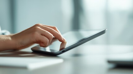 Fototapeta premium A person uses a tablet device, tapping the screen with a finger in a bright, blurred background setting.