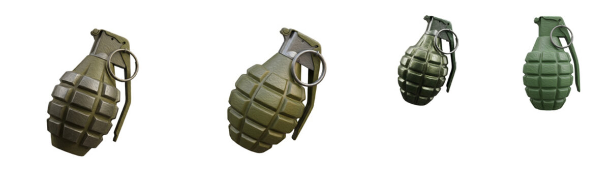 Collection of Four Realistic Pineapple Fragmentation Hand Grenades Isolated on White Background for Military Training, Historical War Displays, Combat Defense, and Army Gear