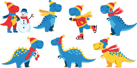 Cute Winter Dinosaur Character Set with Hats, Scarves, Ice Skates, and Snowman for Festive Christmas Holiday Designs © MdMojnu
