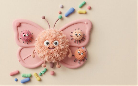 Pink fluffy butterfly with cute baby cousins and colorful toy pieces