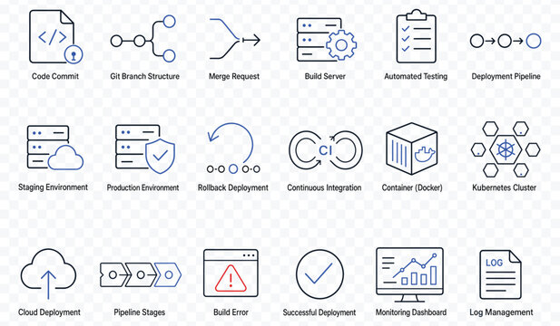Modern DevOps and software engineering icon set in a minimalist line art style for continuous integration and cloud deployment