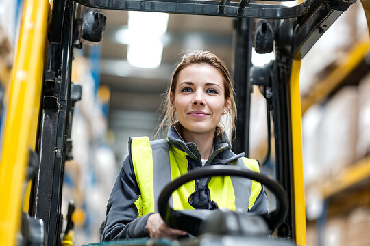 Young female forklift operator wearing neon yellow safety vest and grey hoodie, hair tied back, smiling at wheel in warehouse aisles