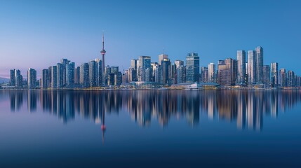 Fototapeta premium A serene early morning cityscape of Toronto with skyscrapers and the CN Tower reflecting on calm water under a clear blue sky.