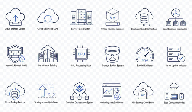 Modern blue line icon set featuring cloud computing and data center infrastructure symbols for web hosting and network technology