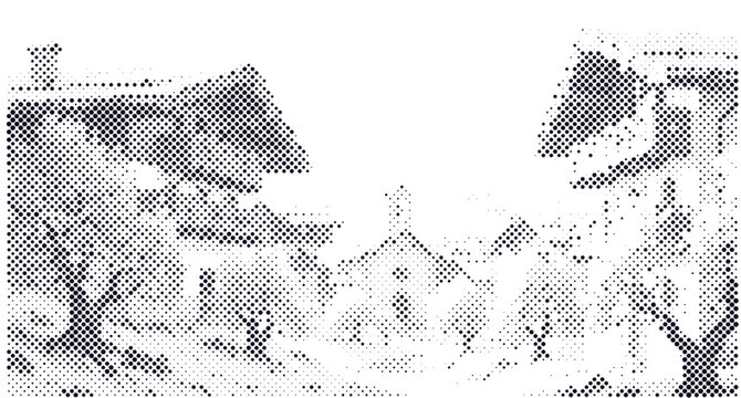Vintage style halftone house landscape illustration isolated on white background.