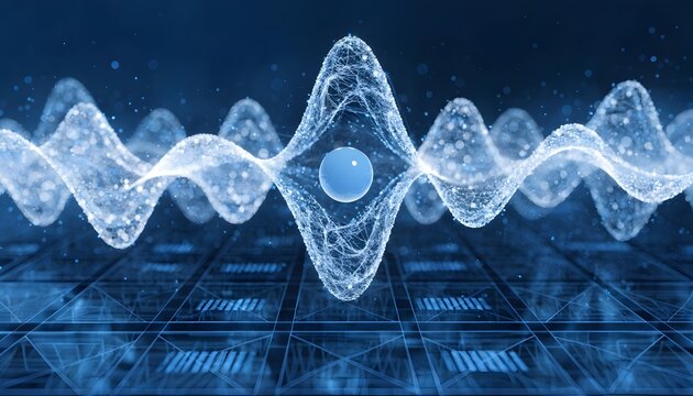 Sound wave visualization with glowing sphere on digital grid background