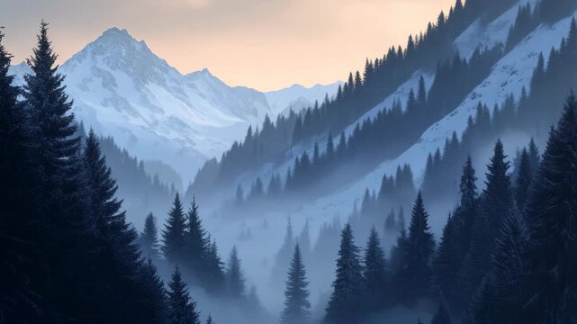 Snow-covered mountains under a misty sky with pine trees lining the valley floor.