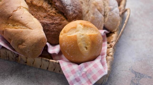 Freshly baked bread assortment in a wicker basket