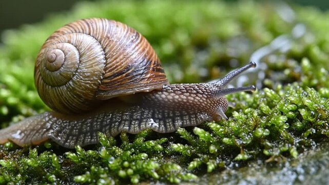 Macro shot of a snail crawling slowly on green moss, side view, detailed shell texture